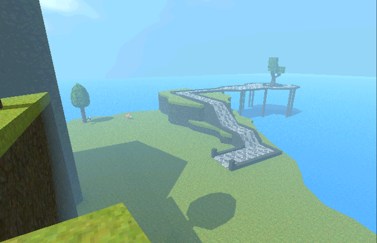 An image overlooking an island field with a bridge connected to nothing